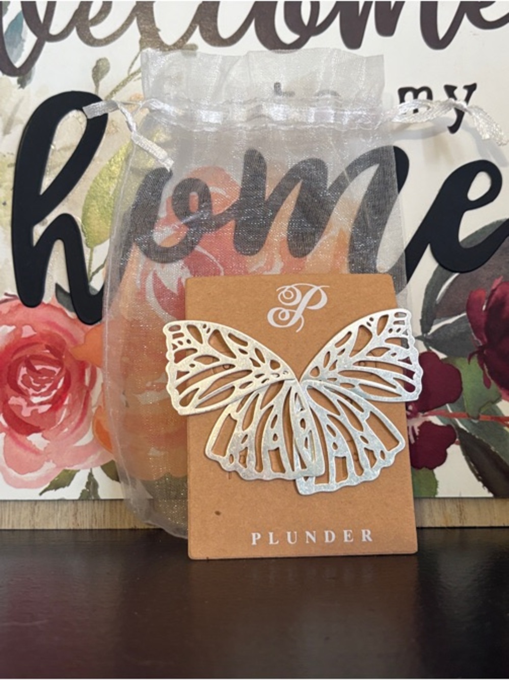 Plunder Silver Filigree Butterfly Pin with Organza Pouch